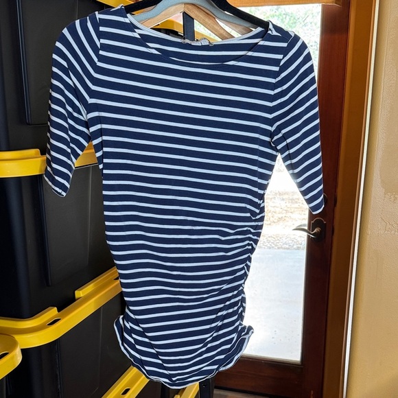 Boden Navy White Striped Ruched Side Elbow Sleeve Top Size 6 - Picture 2 of 9